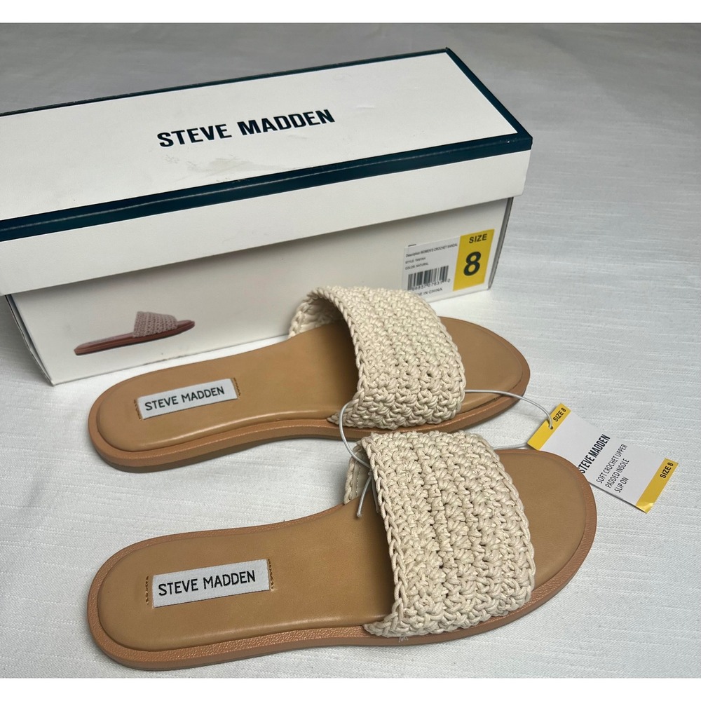 Steve Madden Tannah Crochet Slide Sandals Natural Cream Tan Flat Slip On Women 8 - Picture 3 of 10